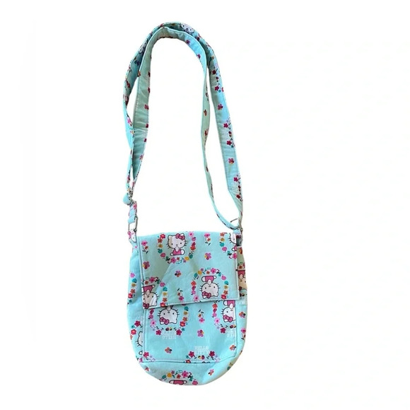 Hello Kitty Flower Paradise Blue Crossbody Bag Adjustable Strap Snap Closure EUC - Picture 1 of 9